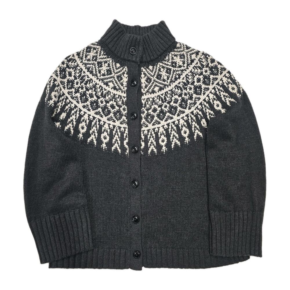 J. Jill Nordic Fair Isle Cardigan Sweater Medium Gray Mock Neck Cotton Blend